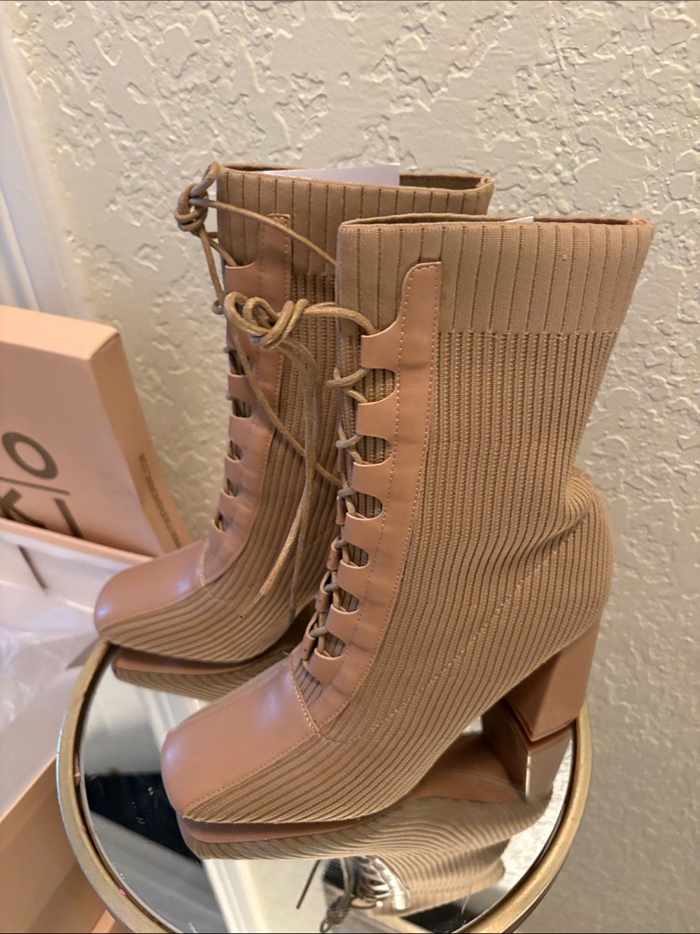 Yoki Lace-Up Ribbed Block Heel Ankle Boots - Picture 4 of 5